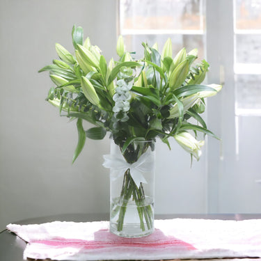 Sunny White Lily Cylinder Bouquet, Classic Arrangement, White Lilies, Eucalyptus